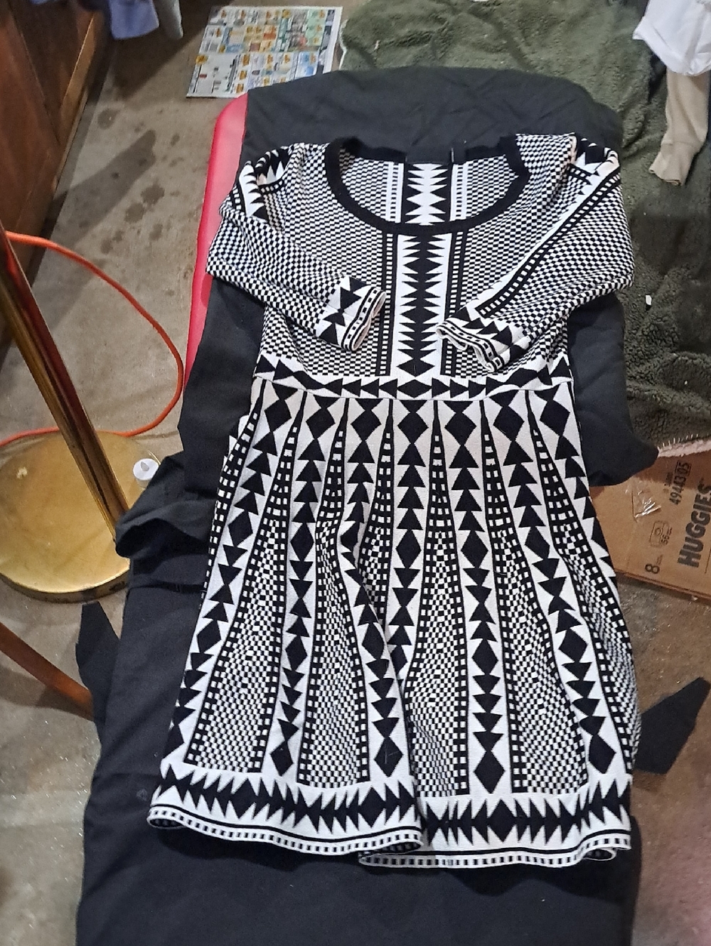 Nina Leonard Black and White Geometric Midi Dress
